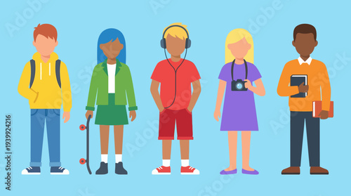 Diverse group of teenagers with various hobbies and interests.