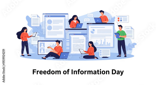 Illustration of people working with laptops and documents on Freedom of Information Day with a design concept promoting government transparency and public access to information.