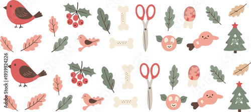 Cute Christmas elements vector set with birds, holly berries, leaves, scissors, bones, ornaments and festive winter decorations