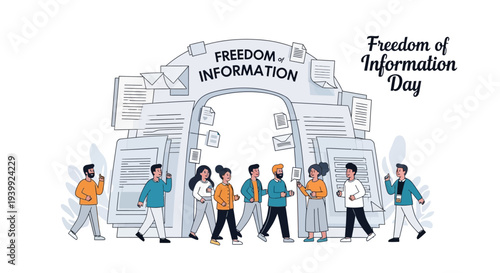Illustration of diverse people walking through an archway labeled 'Freedom of Information' on Freedom of Information Day with various documents and papers in the background.