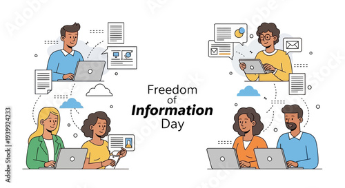Illustration of diverse people working on laptops with a Freedom of Information Day theme, promoting government transparency and public access to information on a clean white background.