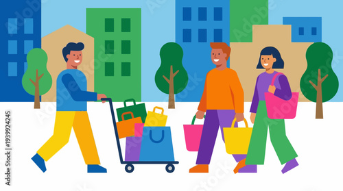 Diverse shoppers walking with bags and cart in urban cityscape.