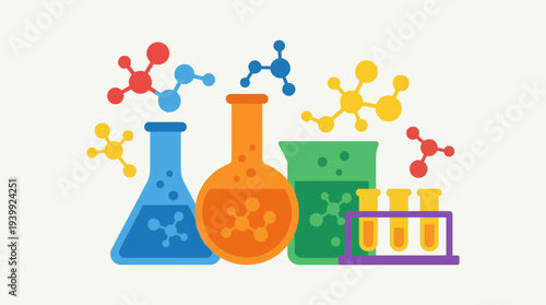 Laboratory equipment and molecular structures in a scientific setting.