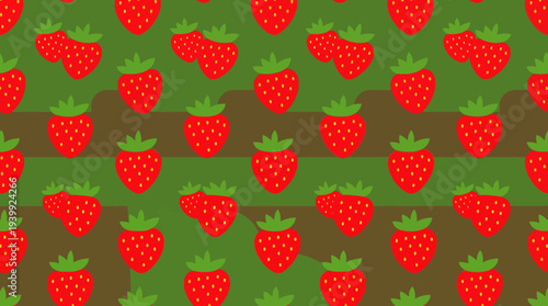 Pattern of ripe strawberries on a green field.