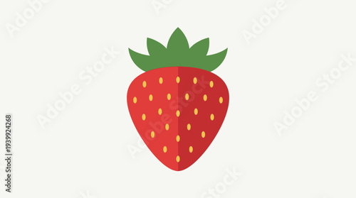 A simple illustration of a ripe red strawberry with green leaves.