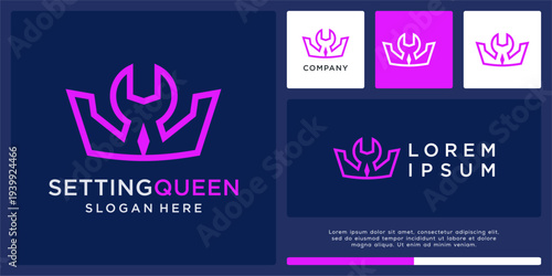 Setting queen logo design with crown and spanner