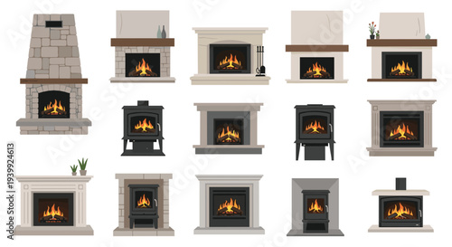 Large collection of diverse fireplace designs ranging from traditional stone hearths to sleek modern black stoves for home.