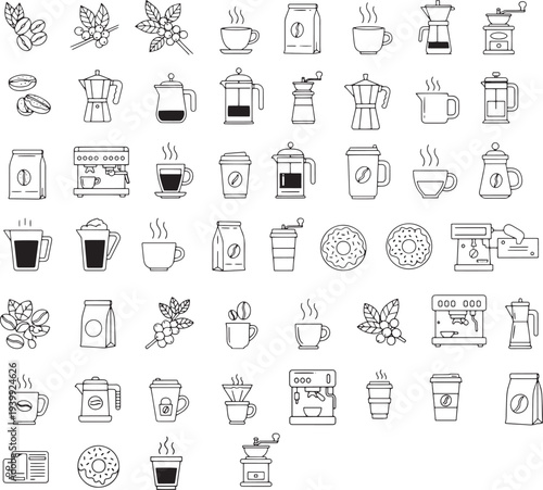 Large vector set of coffee brewing and cafe line art icons isolated