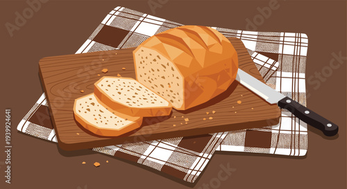 Freshly baked loaf of bread and cut slices rest on a rustic wooden cutting board with a knife and brown checkered napkins.