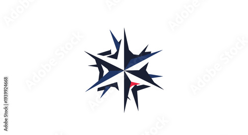 Abstract geometric star symbol with sharp points in dark blue and red accents isolated on a clean white background for brand identity.