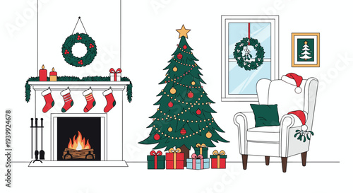 Warm and inviting living room interior beautifully decorated for the Christmas holidays featuring a lit fireplace and a decorated tree.