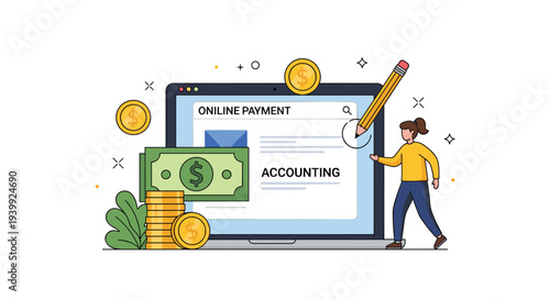Professional online payment and accounting concept illustration featuring a laptop, stacks of gold coins, and a person managing finances.