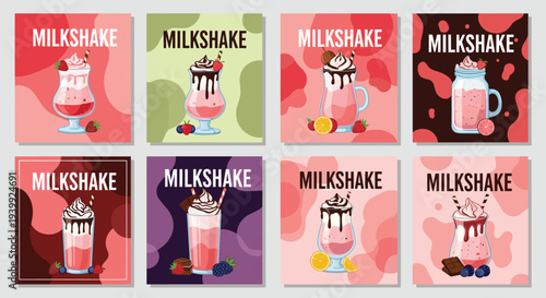 Diverse collection of colorful milkshake promotional cards featuring various flavors like strawberry, chocolate, and orange with toppings.