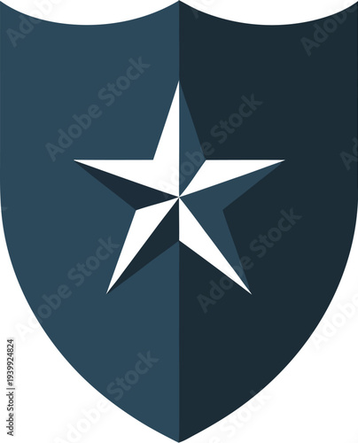 A blue shield with a white star symbolizing protection and security badge icon vector illustration