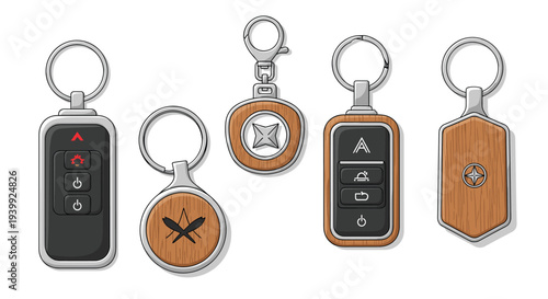 Collection of stylish keychains featuring different shapes like rectangles and circles with some including electronic remote controls.