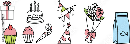 Cute hand drawn birthday party elements set with gift box cake cupcakes candy bunting hat bouquet and milk carton vector illustration