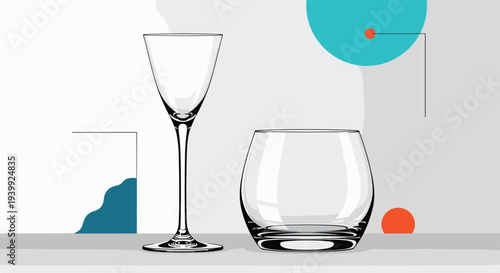 Minimalist composition featuring two empty glass vessels including a tall thin wine glass and a short wide tumbler against abstract shapes.