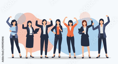 Empowered group of diverse businesswomen standing together in professional attire and celebrating success with joyful expressions.