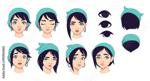 Character design sheet showcasing multiple facial expressions and head angles of a young woman wearing a teal beanie and hoop earrings.