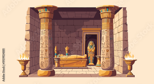 Majestic interior of an ancient Egyptian tomb featuring massive pillars decorated with hieroglyphics and multiple golden sarcophagi.