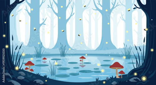 Magical forest clearing at night with a blue pond, water lilies, red mushrooms, and glowing fireflies among the tall silhouetted trees.