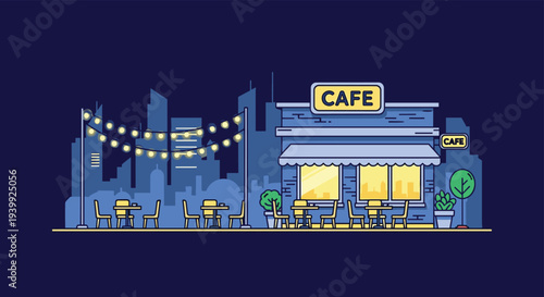 Charming outdoor street cafe at night featuring tables and chairs under strings of glowing lights with a city skyline in the distance.
