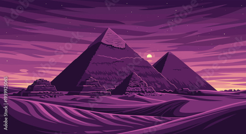 Panoramic view of the ancient pyramids of Giza in Egypt at sunset with a deep purple sky and dark rolling sand dunes in the foreground.