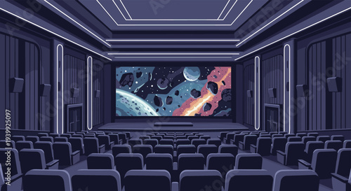 Interior view of an empty movie theater featuring purple seats and a large screen displaying a colorful outer space scene.