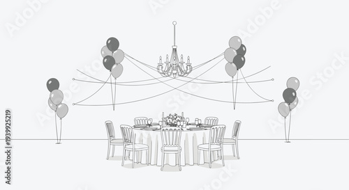 Outline sketch of an elegant banquet table set with chairs, a central floral arrangement, a chandelier, and balloon clusters.