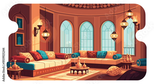 Beautifully decorated oriental style lounge room with plush sofas, hanging lanterns, and large arched windows overlooking a city.