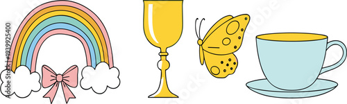 Cute pastel doodle icon set with rainbow, bow, butterfly, goblet glass and teacup, whimsical hand drawn vector illustration collection