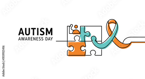 Creative horizontal banner for Autism Awareness Day featuring abstract human figures and colorful puzzle pieces symbols.