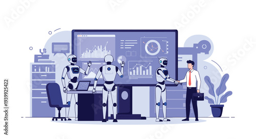 Futuristic office scene where humanoid robots and a human businessman collaborate on data analysis using a large monitor.