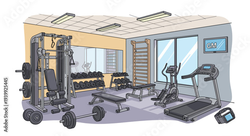 Interior of a bright and modern fitness center equipped with a treadmill, elliptical, weights, and strength machines.