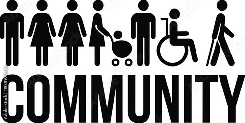 Black silhouette inclusive community people group, men women children baby wheelchair disability elderly stick figure diversity unity togetherness vector illustration