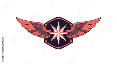 Symmetrical emblem design featuring a white eight-pointed star inside a dark hexagon with large red feathered wings.