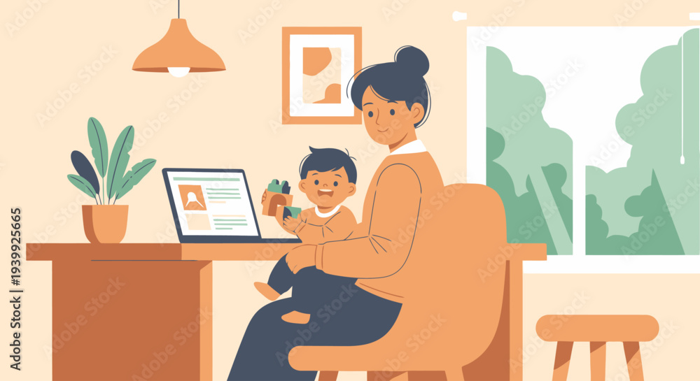 Fototapeta premium Mother working from home with baby