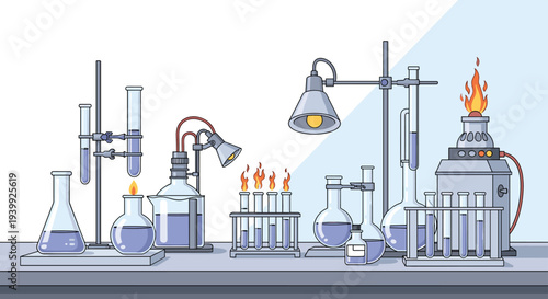 Detailed chemical laboratory equipment including beakers, flasks, test tubes, and burners with blue liquid and orange flames.