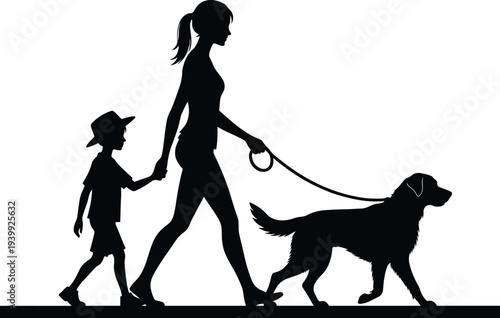 Black silhouette of mother and little boy walking hand in hand with golden retriever dog on leash, family outdoor stroll vector illustrationBlack silhouette of mother and little boy walking hand in ha