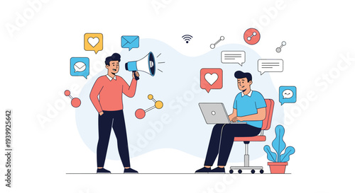 Conceptual illustration of social media marketing showing a man with a megaphone and another man working on a laptop.