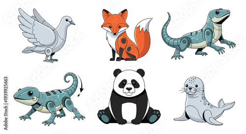 Collection of six mechanical or robotic animals including a pigeon, fox, lizard, panda, and seal with articulated joints.