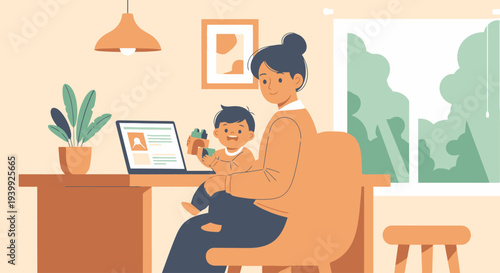 Mother working from home with baby