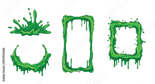 Collection of green slime elements including frames, borders, and a splash effect dripping with gooey texture on white.