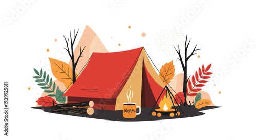 Cozy camping setup with a red tent, campfire, logs, and a mug of hot coffee amidst colorful autumn leaves and trees.