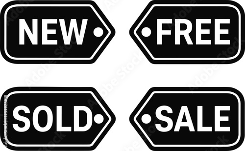 Black silhouette price tag labels set, NEW FREE SOLD SALE badges, promotional discount tags with dot detail isolated on white background vector illustration.