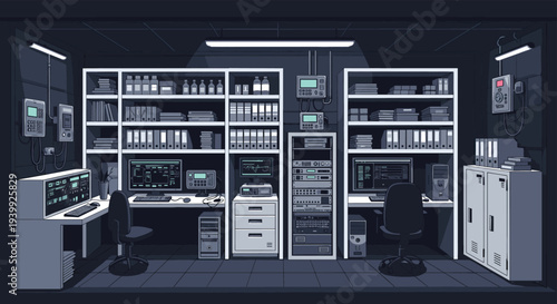 Dark and high-tech server room or data center interior with computers, shelves of folders, and glowing monitoring screens.