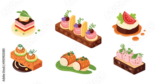 Selection of gourmet appetizers or hors d'oeuvres featuring layers of vegetables, fish, cream, and herbs on bread slices.