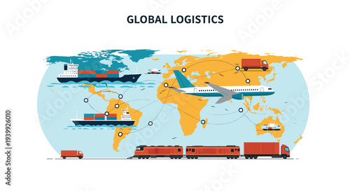 Global logistics and transportation map showing cargo ships, airplanes, trains, and trucks connecting world continents.