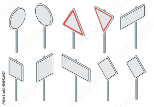 Collection of Various Blank Signs on Posts from a Direct Viewpoint