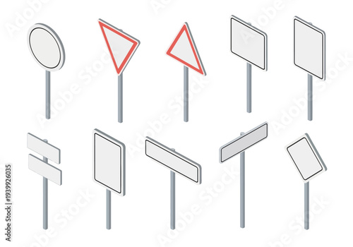 Collection of various blank signs on poles, different shapes and orientations, vector illustrations